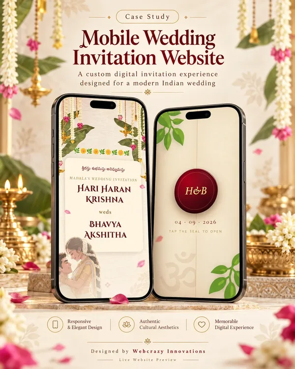 Case study poster for Hari Haran Krishna and Bhavya Akshitha's mobile wedding invitation website, shown on two phone screens